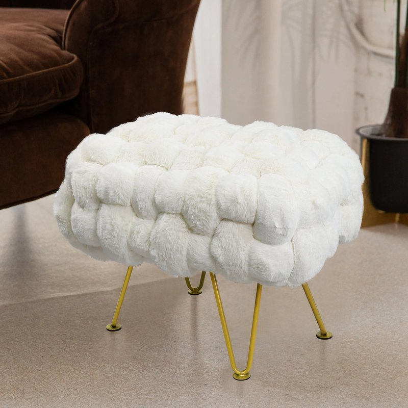 Deya Upholstered Ottoman, Coconut Milk Faux Fur