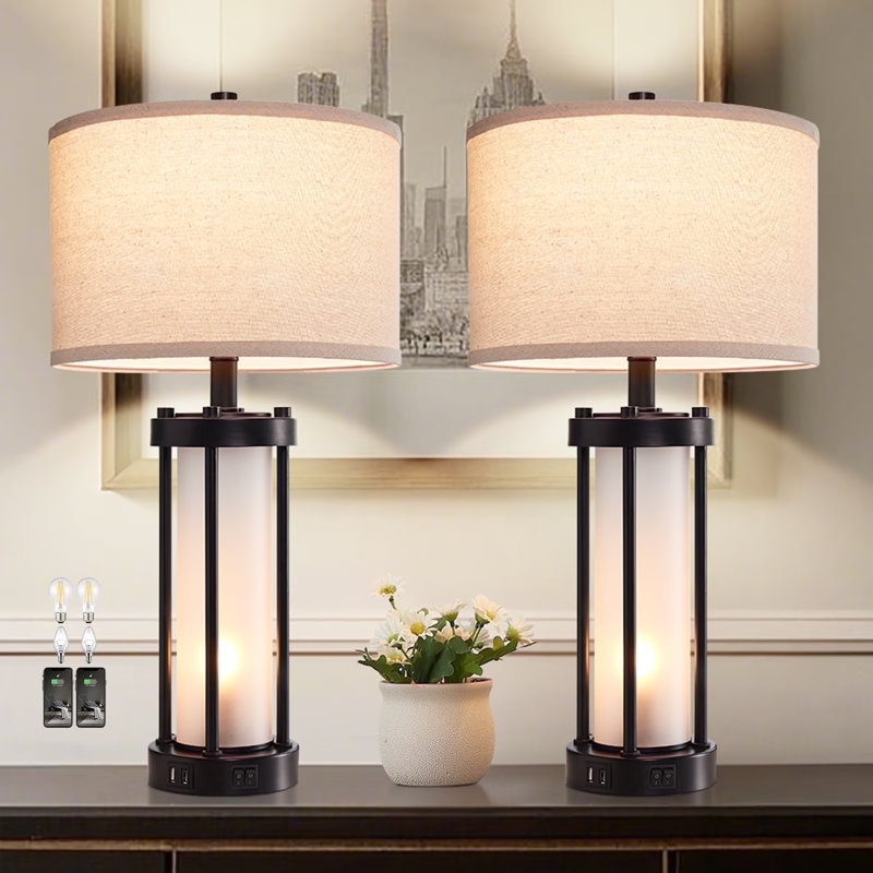Ensemble de lampe de table en métal noir 24 po avec veilleuse et ports USB Louann