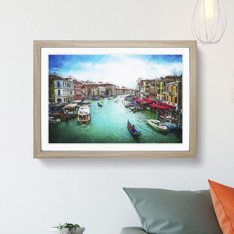 Gondolas in Venice Italy in Abstract - Picture Frame Graphic Art Print, 27cm H x 36cm W x 2cm D, Oak Framed