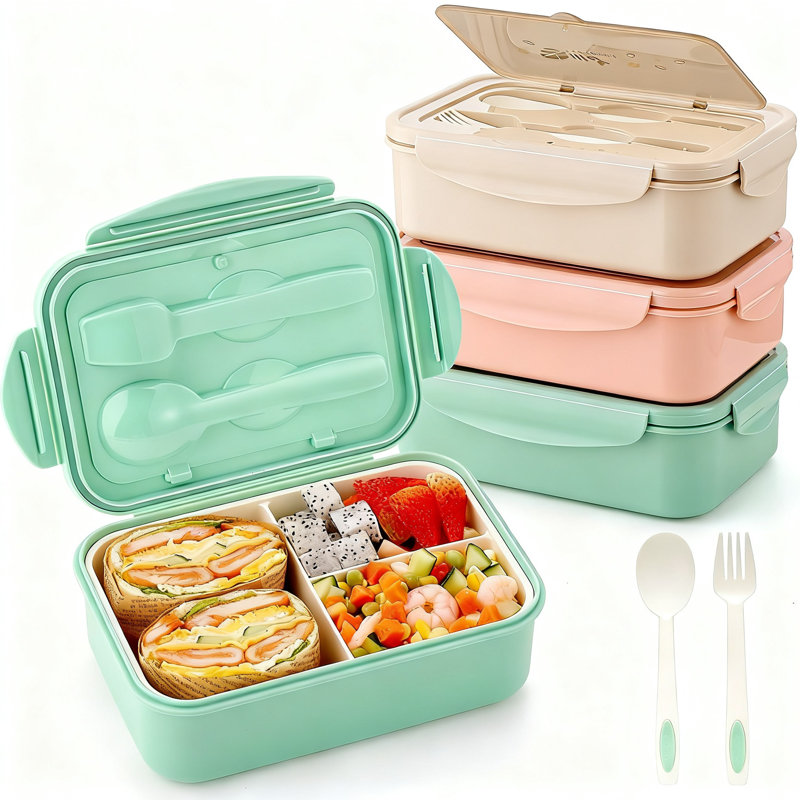 Bento Lunch Boxes, 1100 Ml With Utensils 3 Pack (Multicolor)