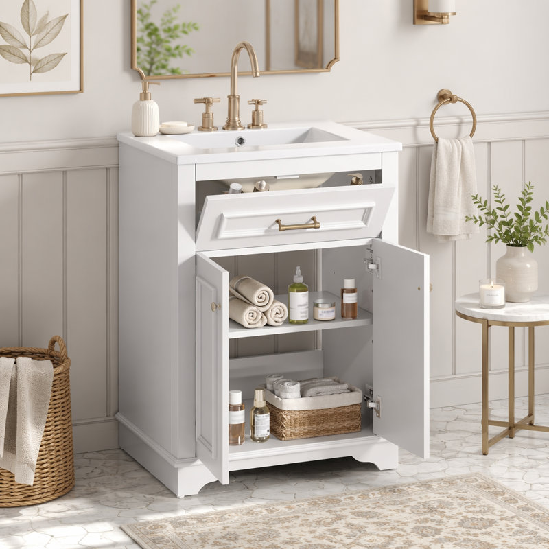  Meuble-lavabo simple 24 po, meuble-lavabo intégré en céramique avec 2 portes et tiroir coulissant, meuble de rangement peu encombrant pour la salle de bain