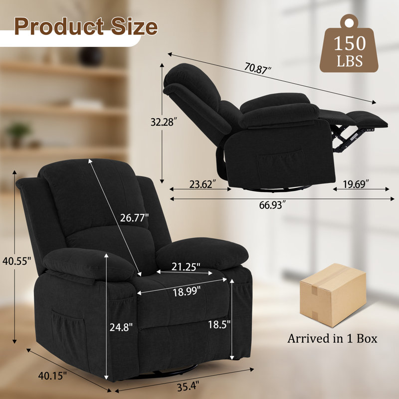 Recliner Chair, Rocker Recliner Chairs With Massage & Heating For Living Room Bedroom, Chenille Fabric, Black