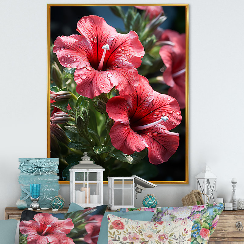 Red Petunia Parade - Pétunias, art mural, H 44 po x l 34 po x P 1,5 po, Cadre flottant doré