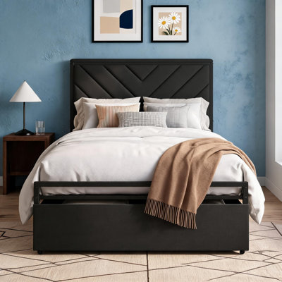 V-Pattern Upholstered Bed Frame, with Charging Station
