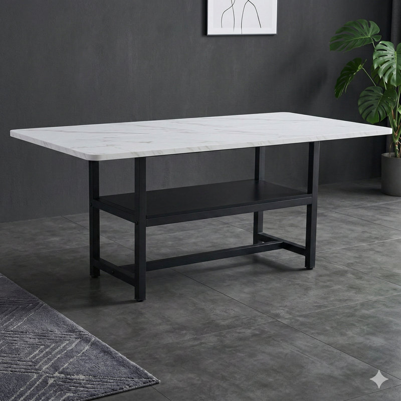 La table de salle à manger de 71 po x 35,4 po avec plateau de table composé de quatre panneaux de fibres à densité moyenne texturé blanc et d'une plateforme de rangement de 43,3 po x 19,7 po est idéale pour les réunions de famille
