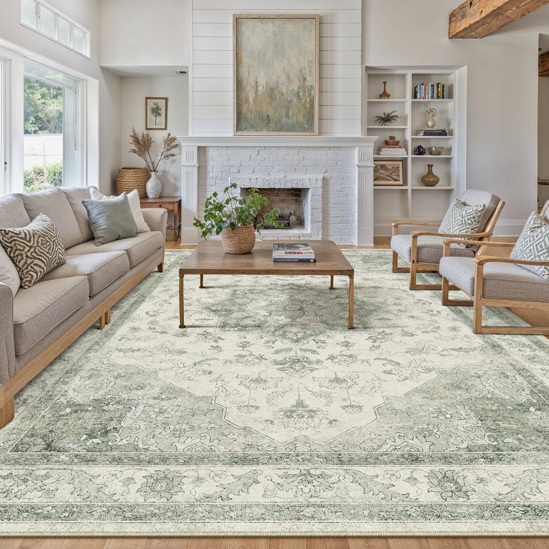 Stella Machine Washable Oriental Area Rug, Rectangle 6' x 9', Light Green, 0.35"