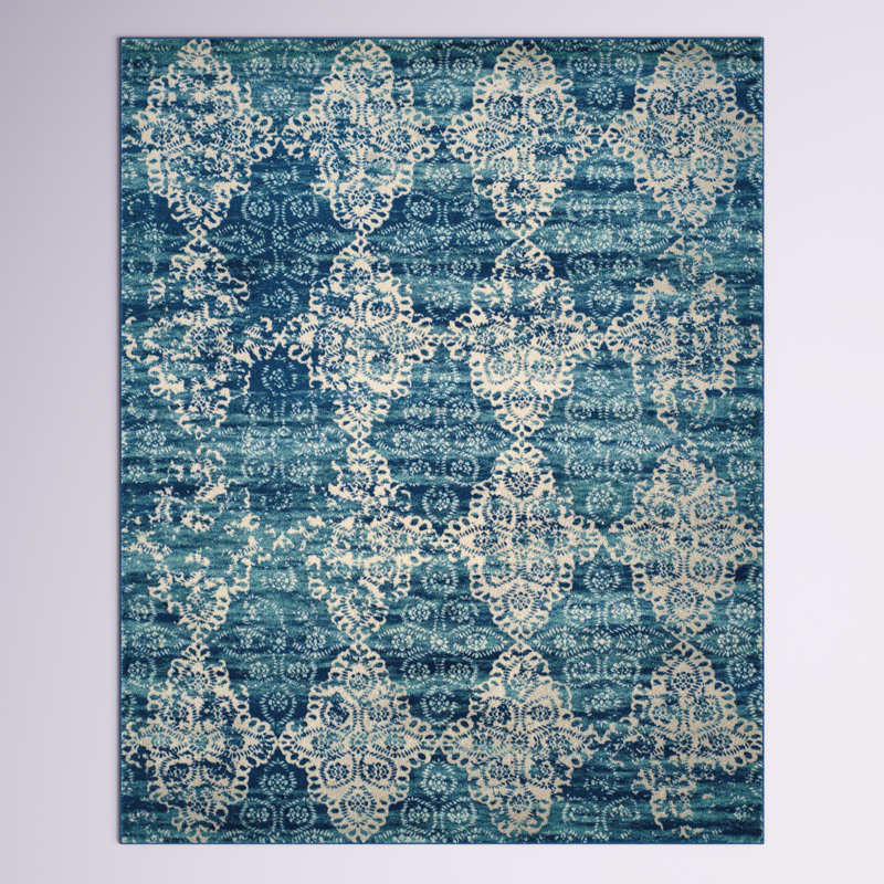 Tapis bleu royal et ivoire à motif géométrique Allard, Rectangle 4 pi x 6 pi