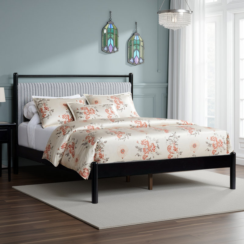 Lit plateforme avec tête de lit tapissier en tissu gris clair et structure en bois d'hévéa, Grand lit