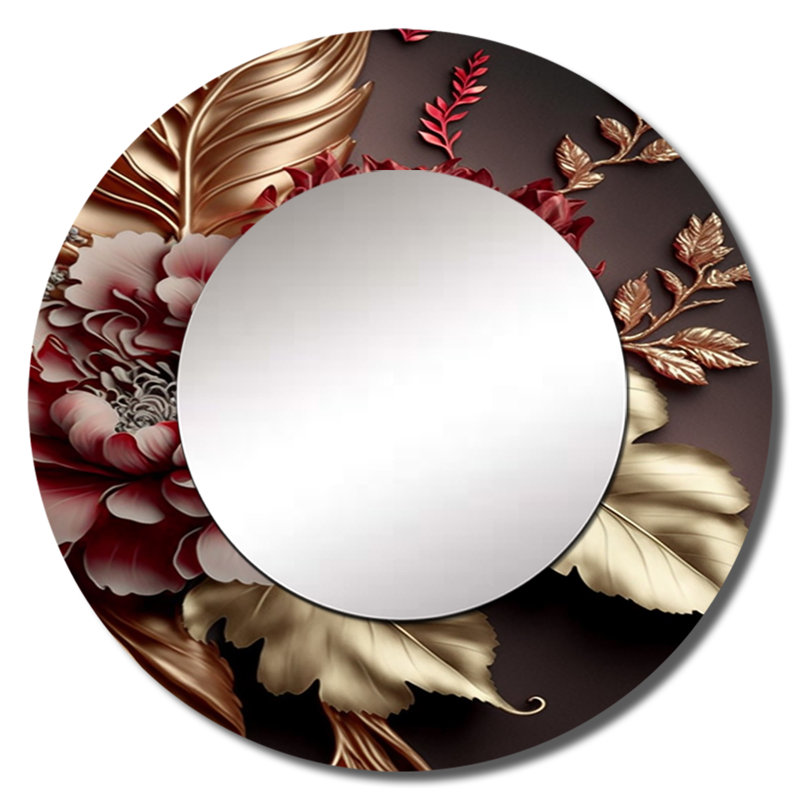 Miroir mural décoratif rond, imprimé glamour et floral, impression de métal, 23 po x 23 po