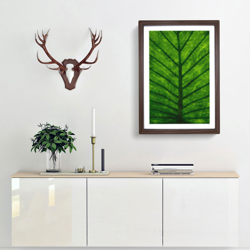 Green Leaf Lines - Single Picture Frame Painting on MDF, 63cm H x 45cm W x 2cm D, Walnut Framed