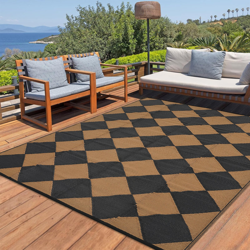 Outdoor Rug Plastic Reversible Rug Waterproof Patio Rug for Outdoor Camping Deck Beach RV Porch Patio and Backyard Black Brown 8*10