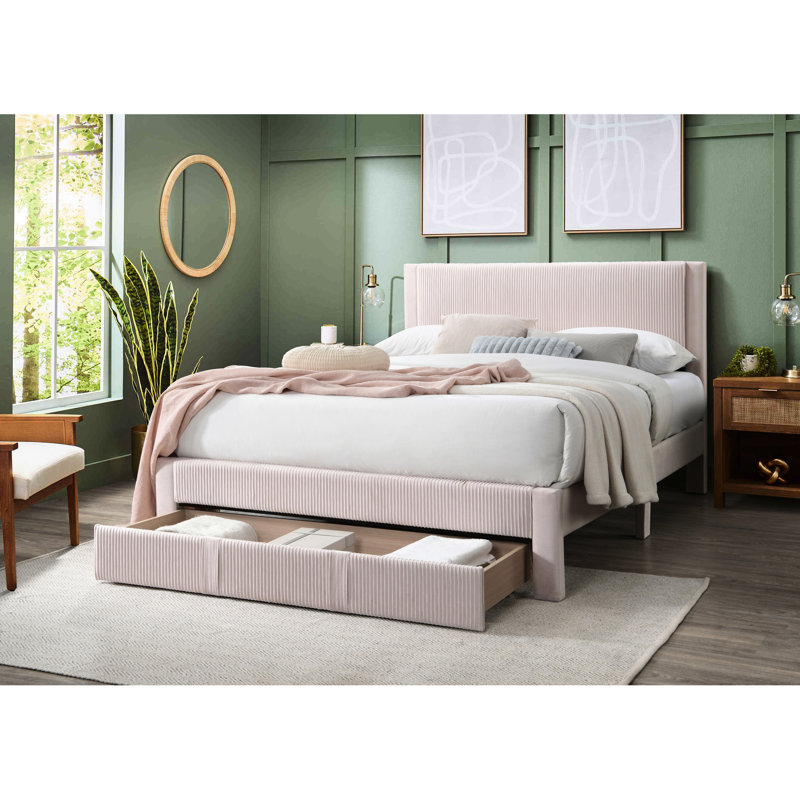 Grand lit avec velours côtelé rose, style contemporain, structure en bois massif et espace de rangement sous le comptoir, conception douce et réfléchie, sans sommier, espace