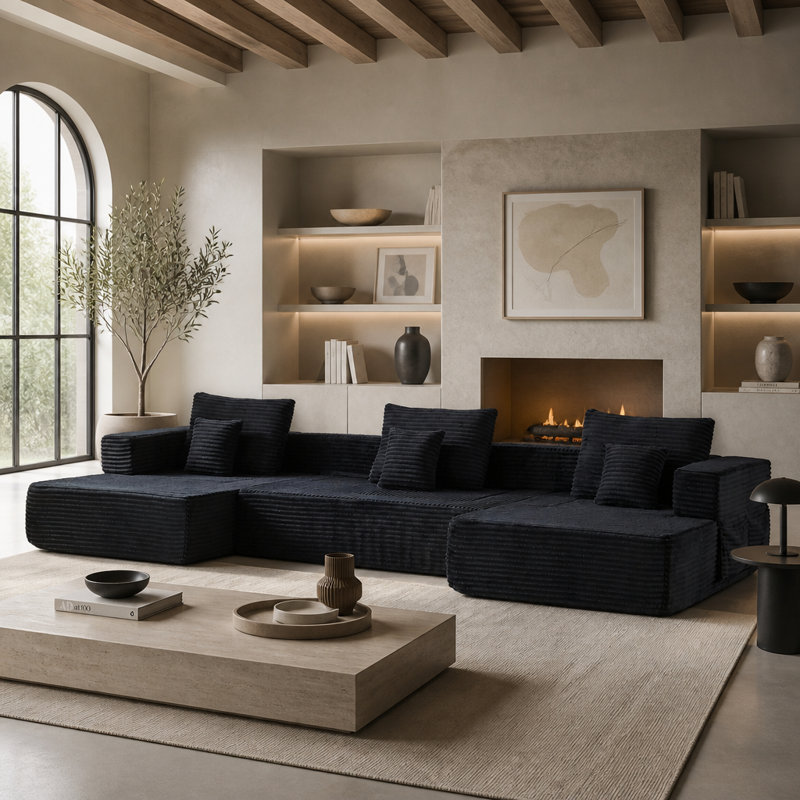 Canapé modulaire en forme de U de 137 pouces avec accoudoirs amovibles et configurable, Velours côtelé noir, Noir