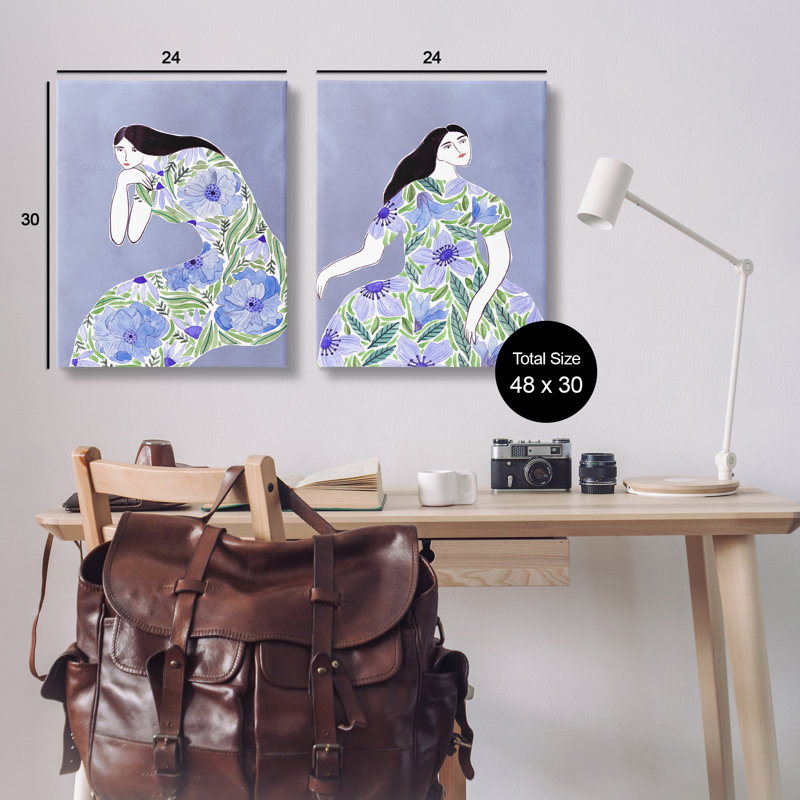  "Floral Women on Purple", ensemble de 2 toiles murales par Melissa Wang, H 30 po x l 24 po