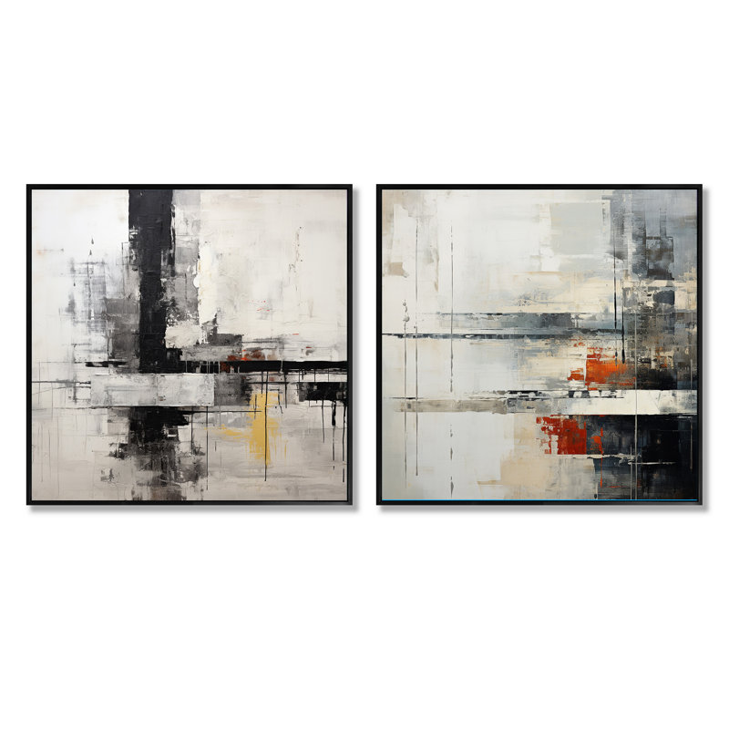 Collage abstrait beige et noir sur route - ensemble de 2 collages abstraits carrés, Cadre flottant noir, H 36 po x l 73 po
