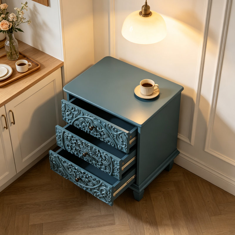 Table de chevet 20,5 po en bois sculpté avec rangement à 3 tiroirs, Bleu