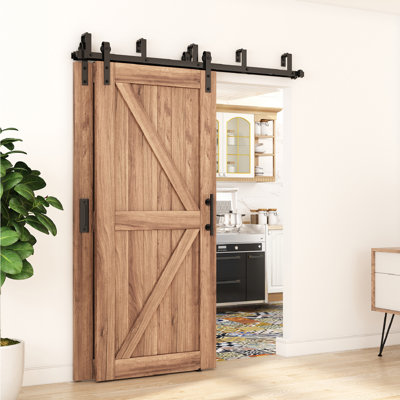 Bypass Sliding Barn Door Hardware Double Track Double Door Kit Black J Style Hanger For Interior & Exterior Use.