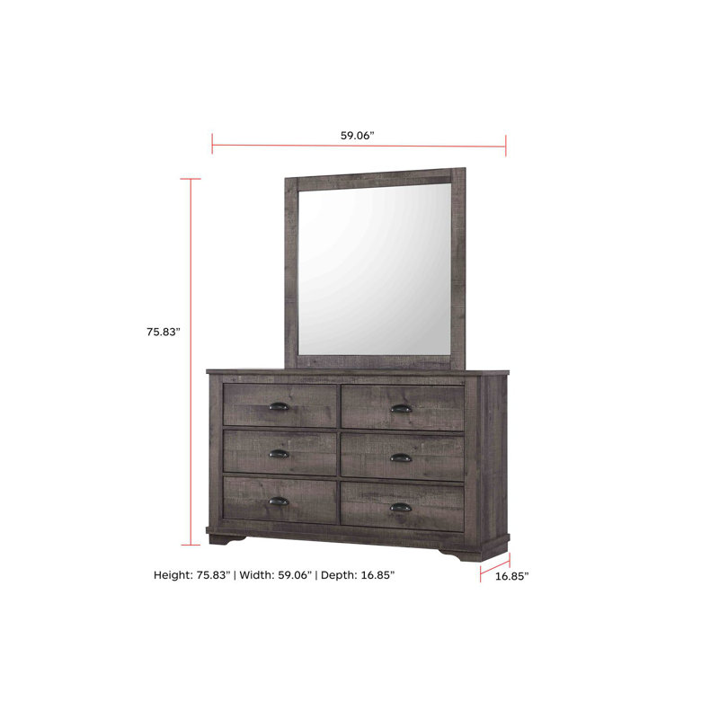 Commode contemporaine à six tiroirs en bois, gris rustique, idéale pour le rangement et l'organisation de la chambre à coucher