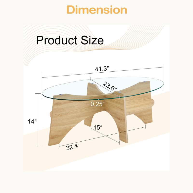 Oval Tempered Glass Coffee Table - 41.3"X23.6" Multi-Functional Design.Oval Tabletop Diagonal Fan-Shaped Tray Design Table Leg