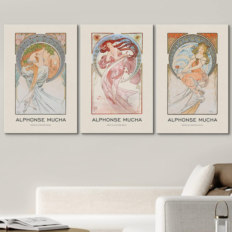 Ensemble de 3 pièces florales d'Alphonse Mucha, H 36 po x l 24 po x P 1,5 po, Toile tendue