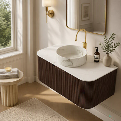 Meuble-lavabo 36 po, meuble-lavabo rayé à bords arrondis avec tiroir, cuve en pierre ronde et plateau en pierre frittée, pré-assemblé