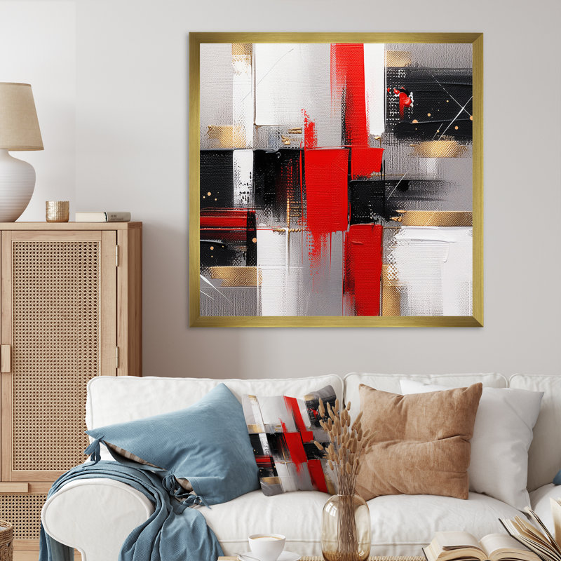 «Red and Gold Cubic Abstract I», reproduction sur toile, Encadrement doré, H 30 po x l 30 po x P 1 po