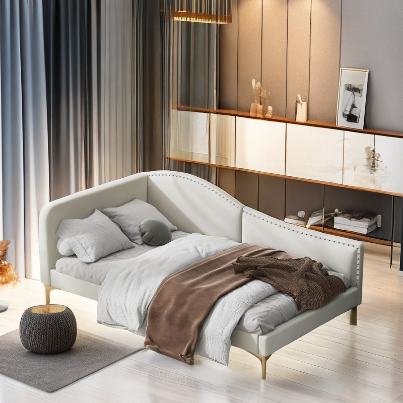 Jivko Upholstered Daybed with Headboard and Armrest, Beige, Twin
