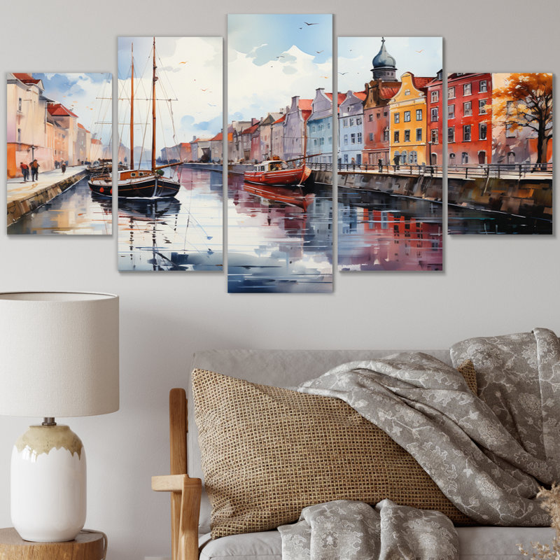 «Danemark Canal Promenade I», impression d'art mural paysages urbains - 5 panneaux