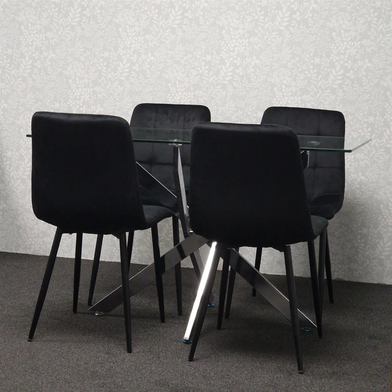 Dining Table and 4 Chairs Rectangle Table 4 Velvet Chairs Dining Set, Black
