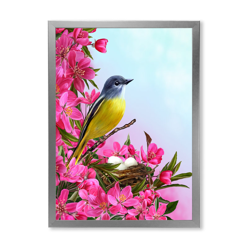 Petit oiseau jaune près du nid avec fleurs - Impression sur toile, H 20 po x l 12 po x P 1,5 po, Toile encadrée argentée