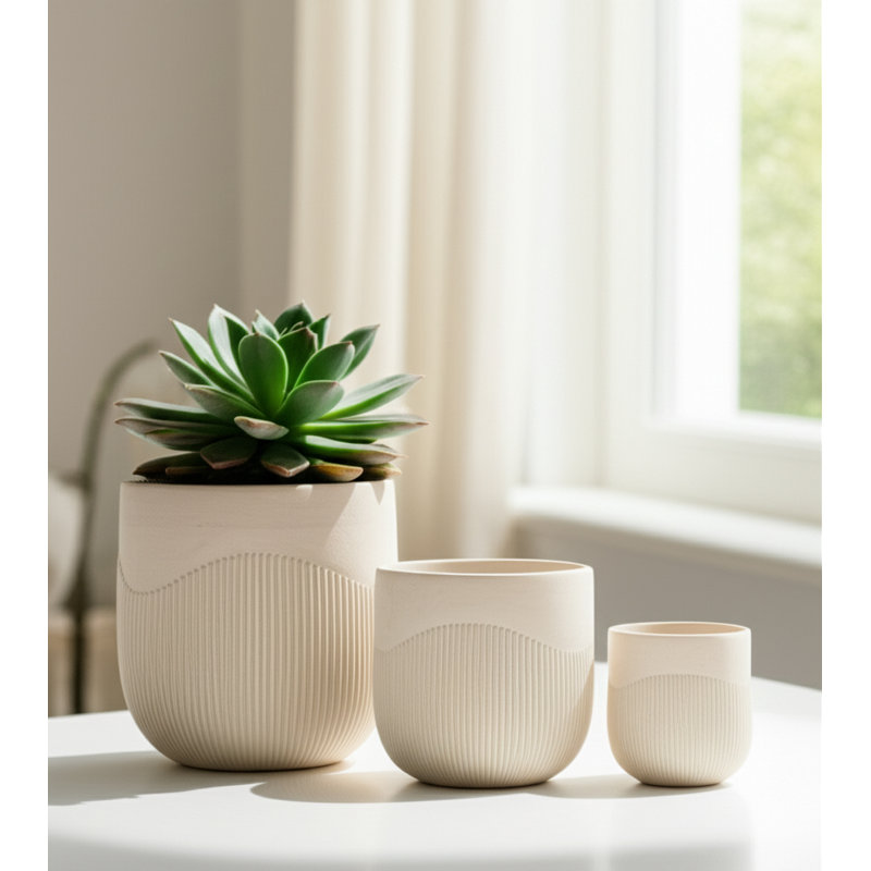Planter Set Polyresin Carved Sculptural Design Decorative Indoor Outdoor Container Pots Contemporary Minimalist Style Durable Lightweight Construction Set Of 3