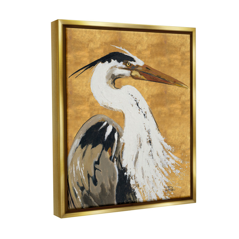 «Heron On Gold Motif» par Patricia Pinto sur toile, Cadre flottant métallique doré, H 31 po x l 25 po