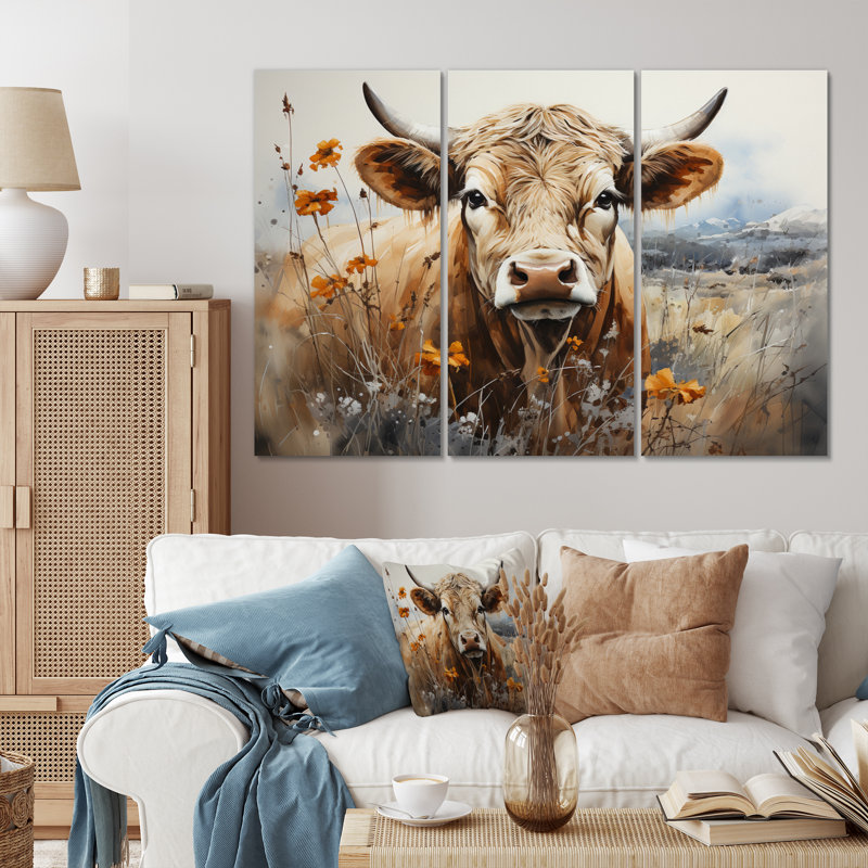 «Cow in the Meadow III» sur toile, reproduction de 3 pièces, H 40 po x l 60 po x P 1 po