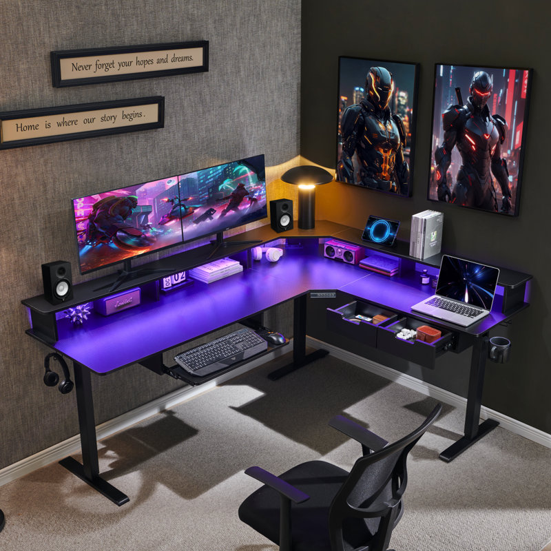 75" L-shaped Electric Standing Desk With Smart Hub & Height-adjustable Design, Black