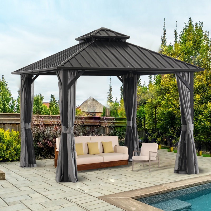10X10 FT Outdoor Aluminum Hardtop Gazebo With Double Metal Roof, Curtains And Nettings For Patio,Party