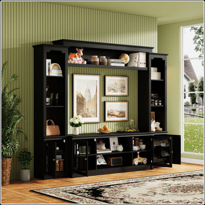 All-in-One Modern TV Stand with Bookcase for TVs Up to 65-inch, Entertainment Center with 4 Adjustable Shelves, Tempered Glass Doors, and Ample Storag