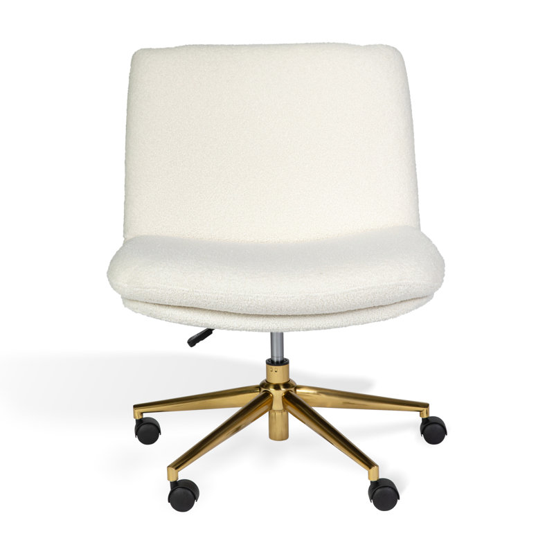 Martha Stewart Eloise Upholstered Swivel Home Office Chair With Wide Seat, Off White, Polished Brass