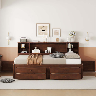 Wooden Captain Bed With Built-In Storage Shelves, 4 Drawers, And 2 Cabinets, Antique Brown Finish