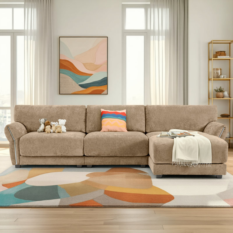 Canapé modulaire en L en chenille 4 places avec chargeurs USB / Type-C, accoudoirs et repose-pieds Petal, structure en bois