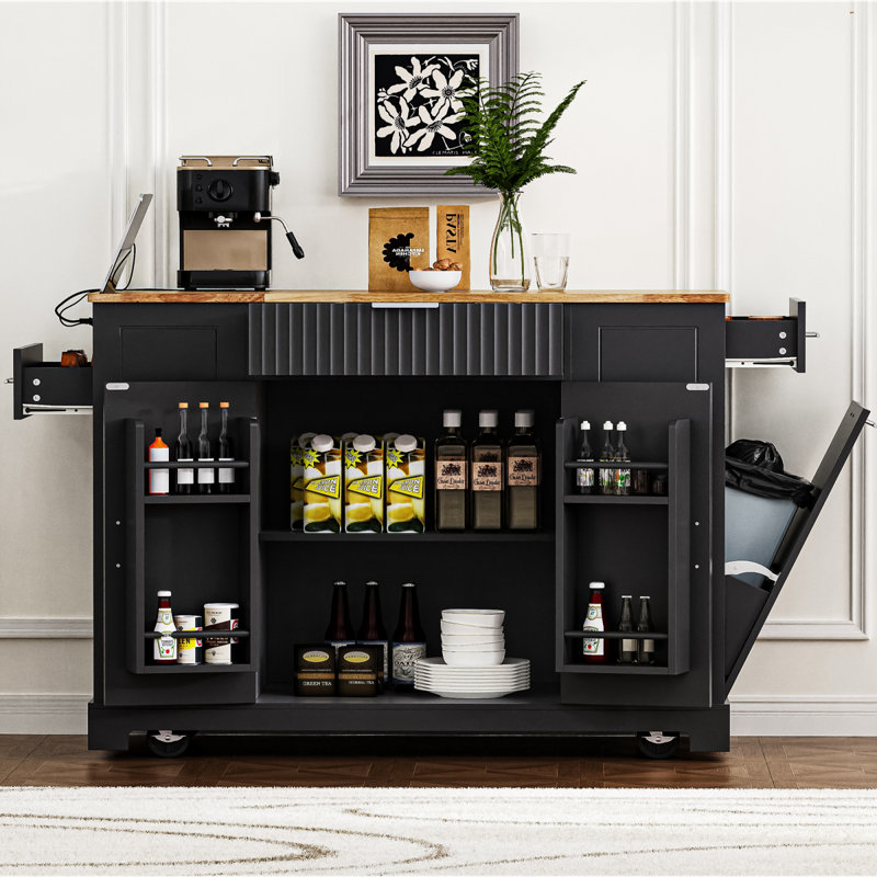 Îlot de cuisine cannelé K&K avec armoire de rangement pour poubelle, prise de courant, support de rangement interne, îlots de cuisine roulants sur 5 roues avec 3 tiroirs, 3 supports latéraux ouverts pour poubelle de 10 gallons, noir