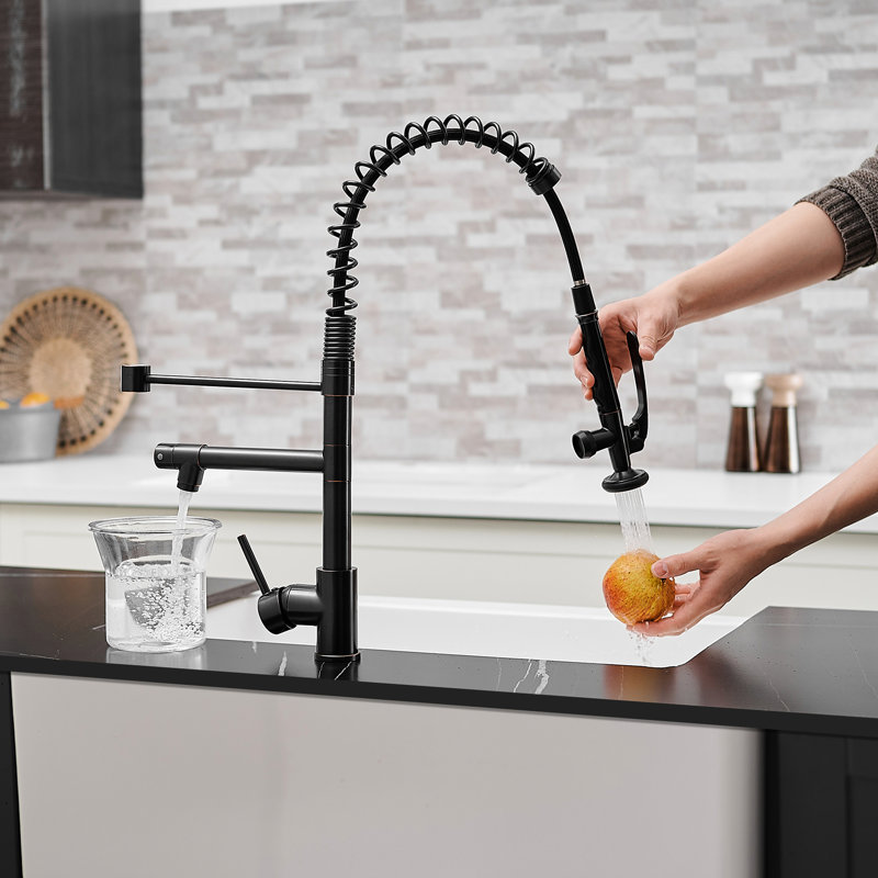 Robinet de cuisine contemporain en bronze huilé avec poignée rétractable, poignée simple, rotation à 360 degrés, remplissage en céramique, finition laiton, poignée à levier, 360 degrés