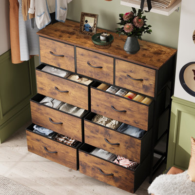 Reinardo 39.4" W 9-Drawer Dresser with Wood Top, Tall Dresser With Sturdy Steel Frame, Chest Of Drawers For Closet, Bedroom, Living Room
