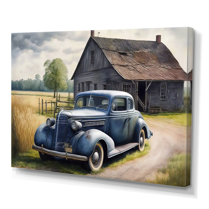 Vieille voiture bleue à la grange - peinture sur toile, H 30 po x l 40 po x P 1,5 po, Toile tendue