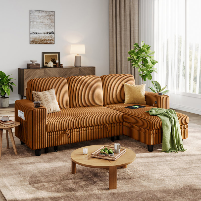 Sherry 81'' Upholstered L Shaped Modular Sectionals with Pull-out Sofa, Storage Chaise, USB Charging & Cup Holders, 3 Pieces