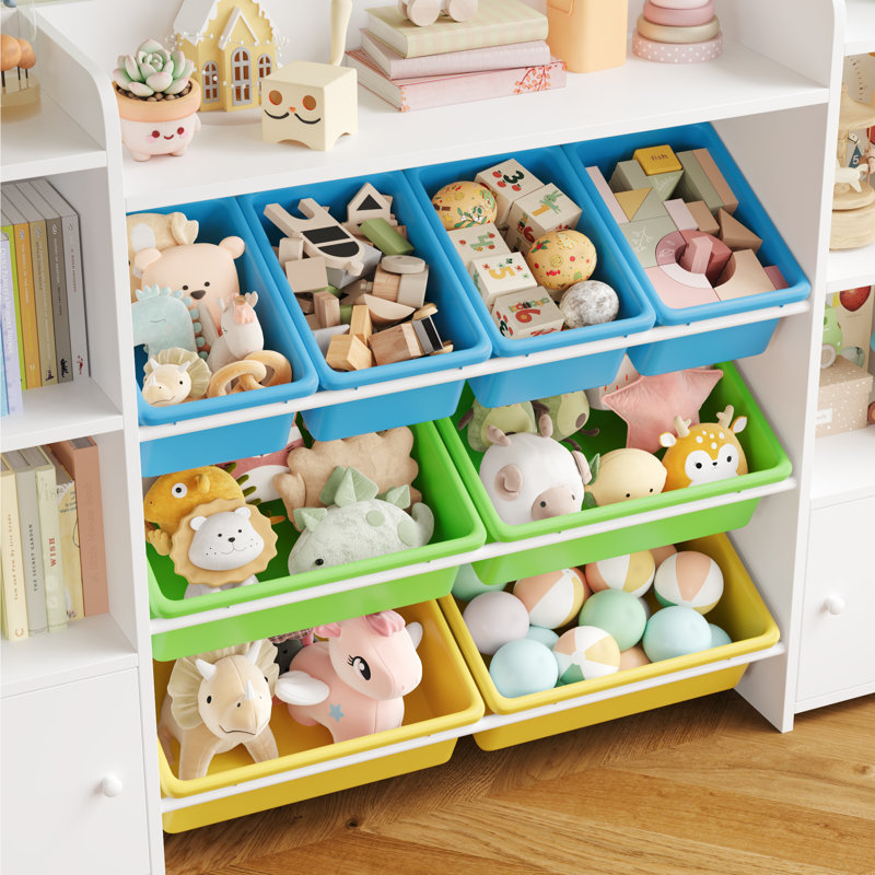 Lafon Manufactured Wood Toy Organizer with Bins, White/Yellow/Blue/Green