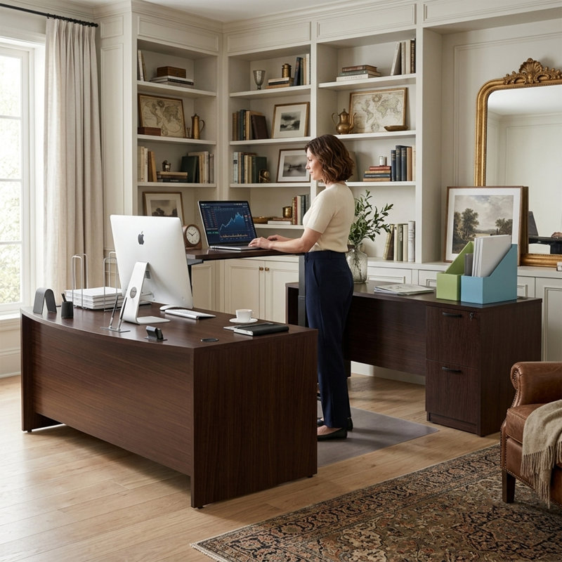  106.3'' U-Shape Height Adjustable Desk with File Cabinets, Espresso