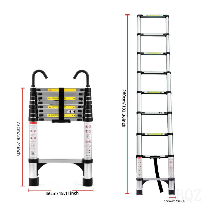 8.5ft Telescopic Ladder, Telescopic Aluminum Alloy Multi-Purpose Folding Telescopic Ladder With Hooks And Triangular Support Frame, Suitable For Outdoor Work At Home Or Rv