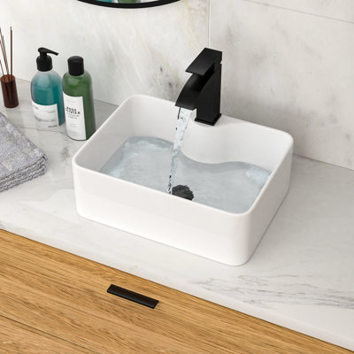 White Rectangular Vessel Bathroom Sink 16X12 Inches With Black Faucet & Drain - Modern European Style, Acid , Easy To Clean, Home 16"X12" Inspired, Low Water Absorption, Above Counter, Restaurant
