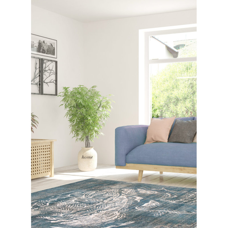 Tapis bleu foncé / gris en laine noué à la main 9 pi 8 po x 12 pi 8 po