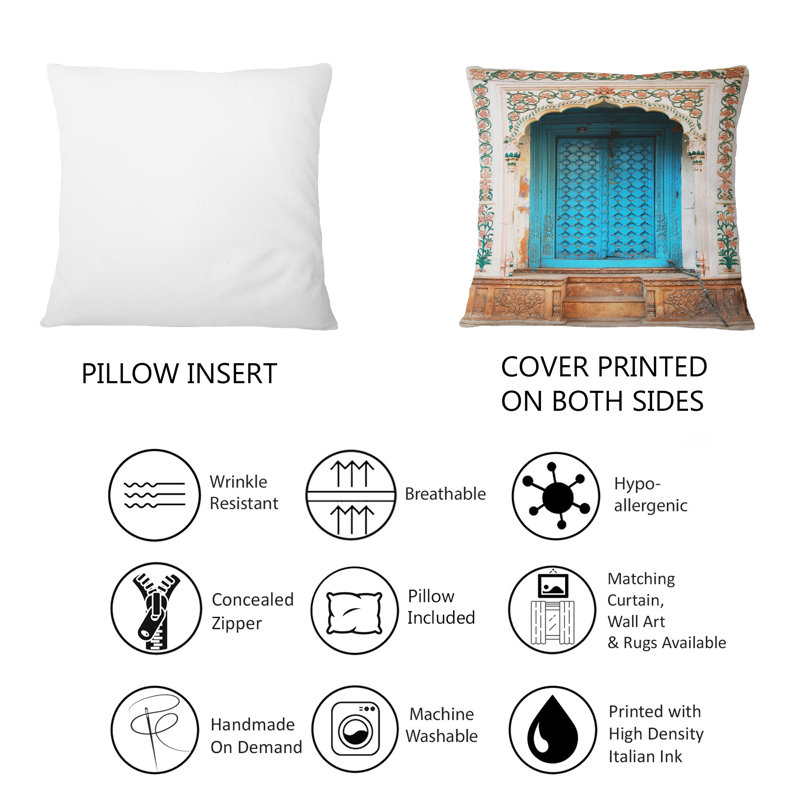 Coussin décoratif bleu avec porte indienne traditionnelle - imprimé rétro